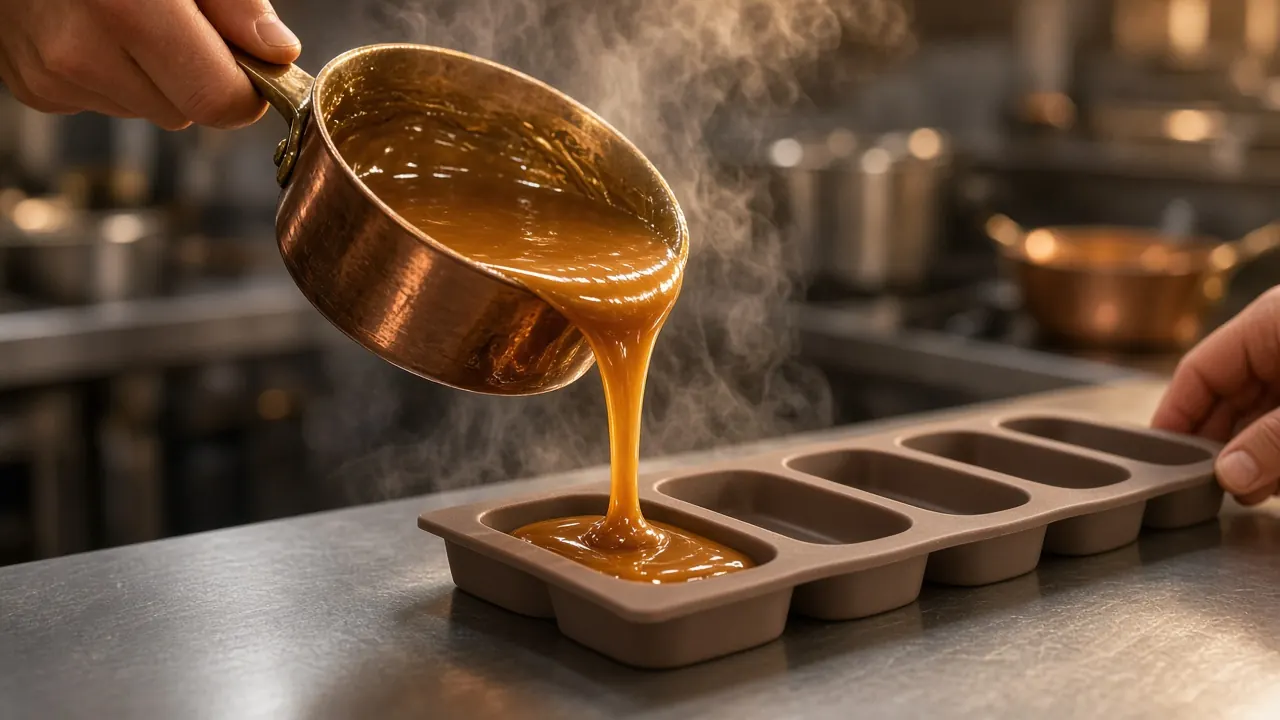 Caramel wordt in één beweging vanuit een pan in een siliconenmal gegoten in Rotterdam