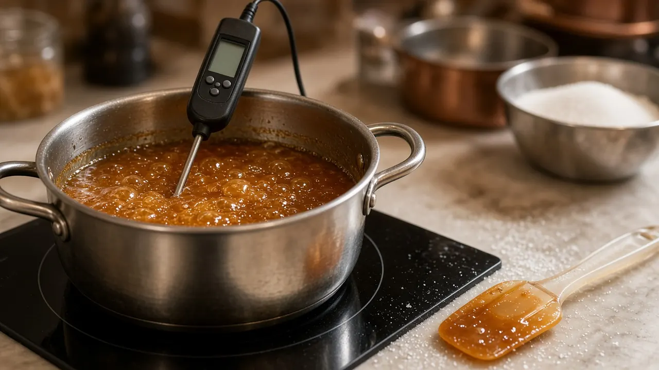 Een thermometer in het midden van bubbelende caramel bepaalt het stopmoment in Rotterdam