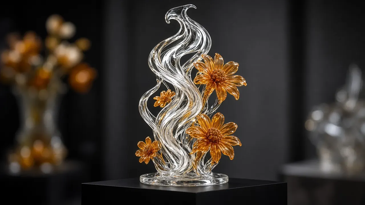 Een hoog isomaltshowpiece met heldere linten en amberkleurige bloemen staat op een sokkel in Rotterdam
