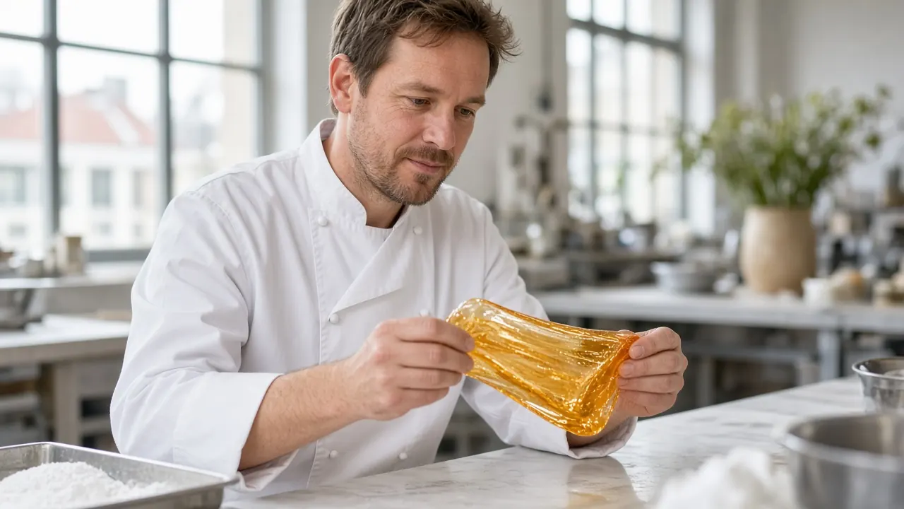 Ir. Thijs Bakker in witte koksjas demonstreert getrokken suiker in zijn atelier in Rotterdam